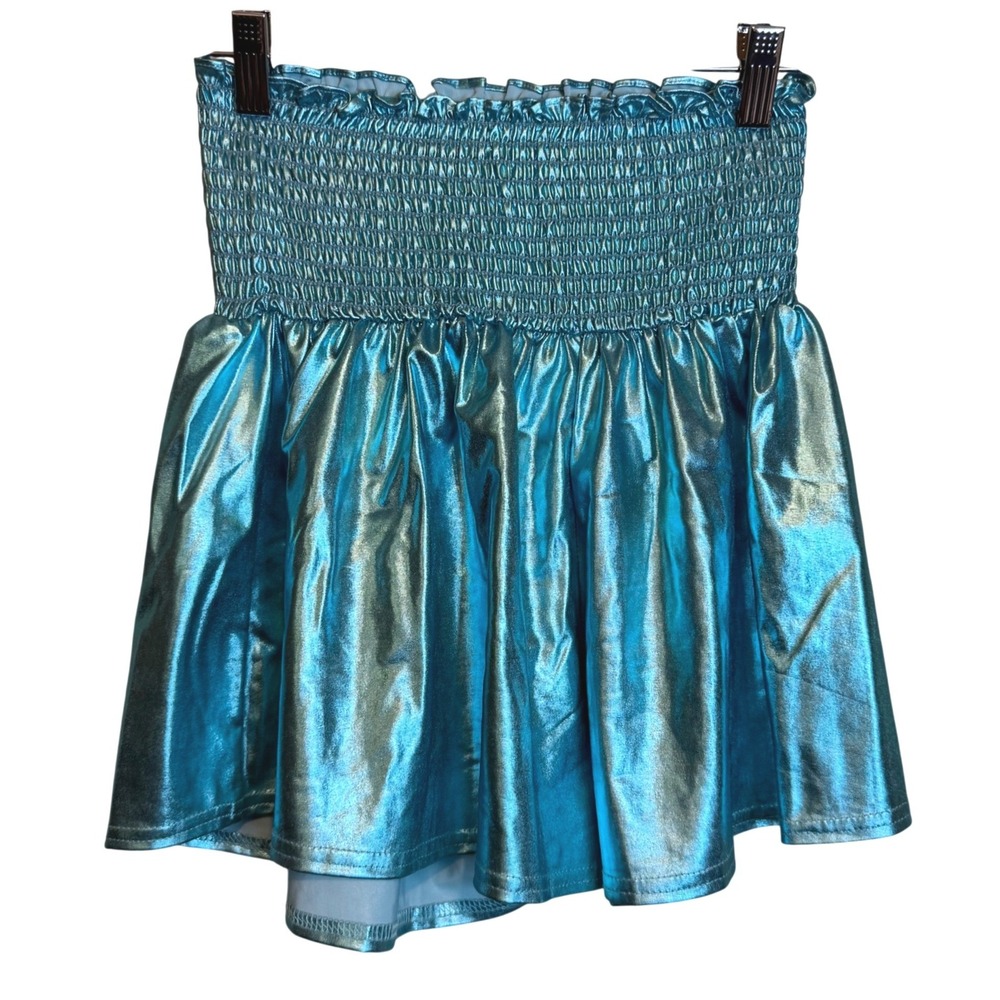 Peach Love California Womens Metallic Smocked‎ Skater Y2K Mini Skirt Blue Small